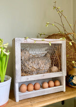 Load image into Gallery viewer, Rustic pottery chicken in nesting box with egg rack
