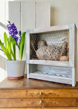 Load image into Gallery viewer, Rustic pottery chicken in nesting box with egg rack
