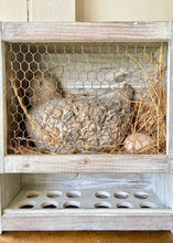 Load image into Gallery viewer, Rustic pottery chicken in nesting box with egg rack
