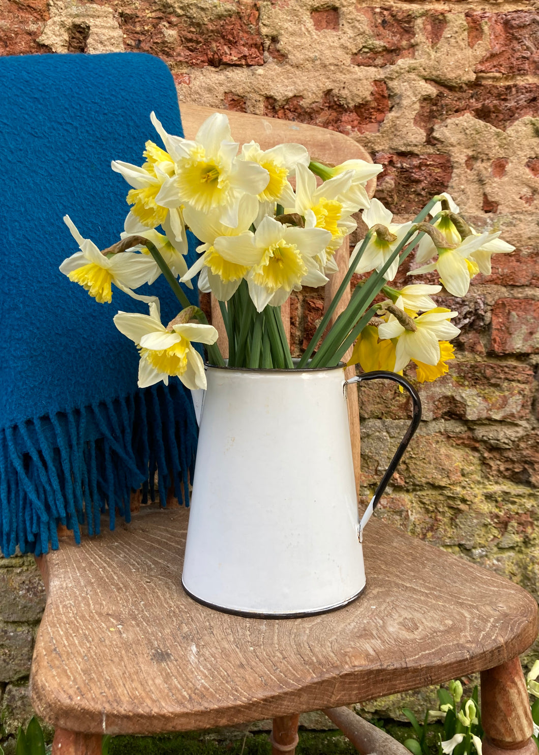 White enamel vintage jug with navy trim