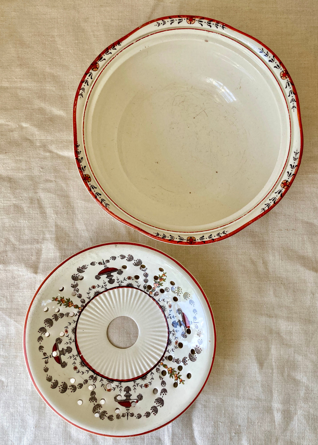 19th century antique drainer dish and bowl
