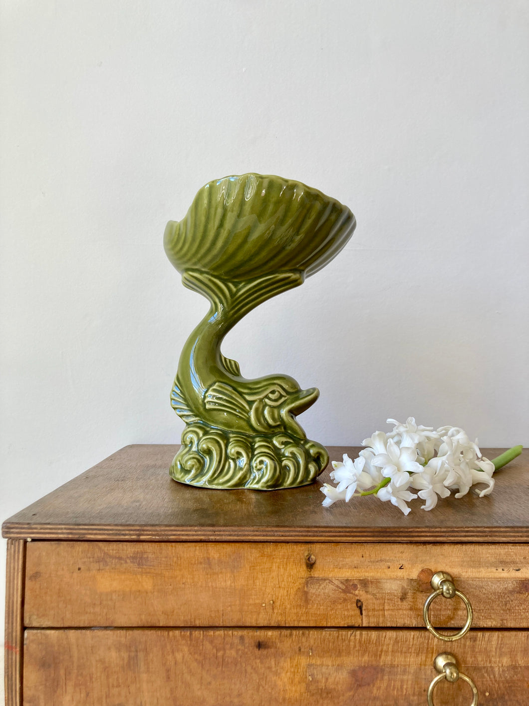 Sage green dolphin and shell decorative pedestal dish