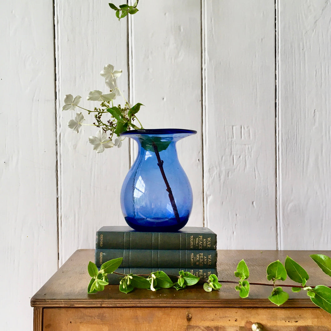 Blue hand-blown wide rim vase