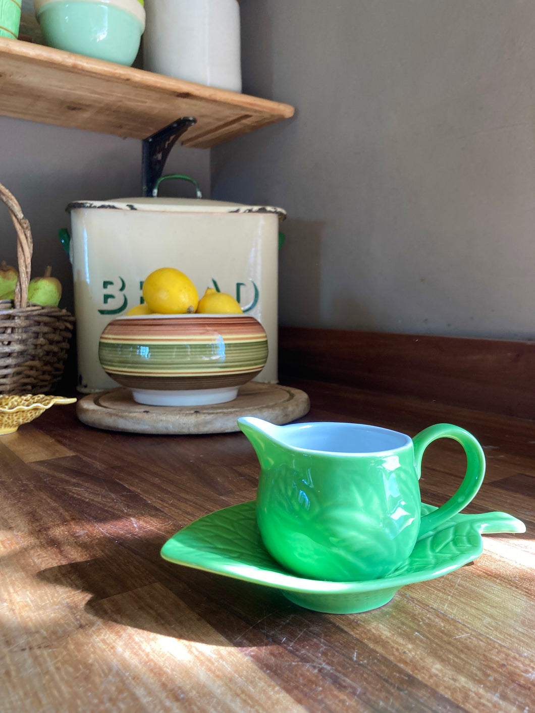 Mint green small jug and matching leaf shaped dish
