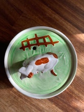 Load image into Gallery viewer, Green barrel-style butter dish with cow on lid
