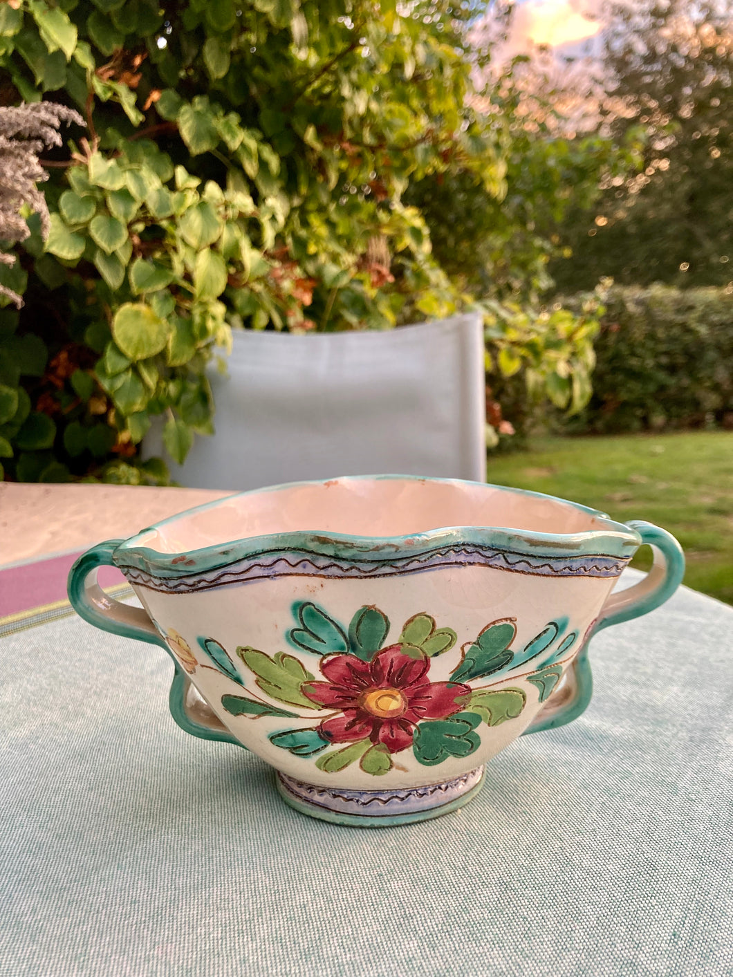 Italian floral mantle vase with turquoise trim