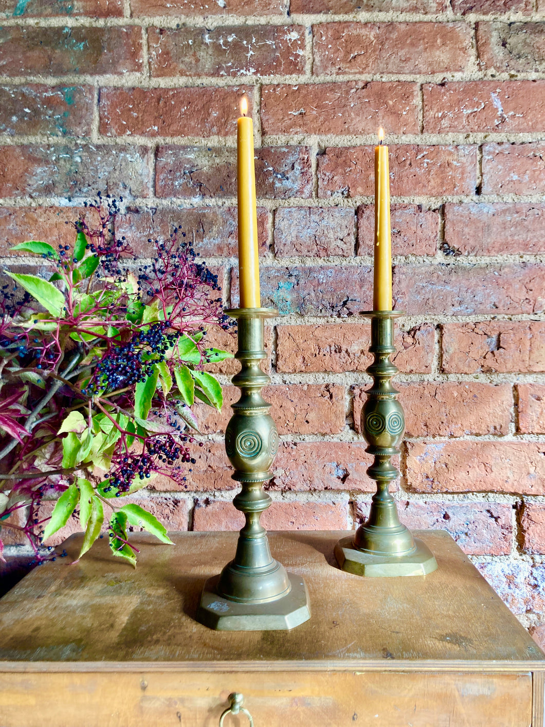 Pair of large antique brass candlesticks