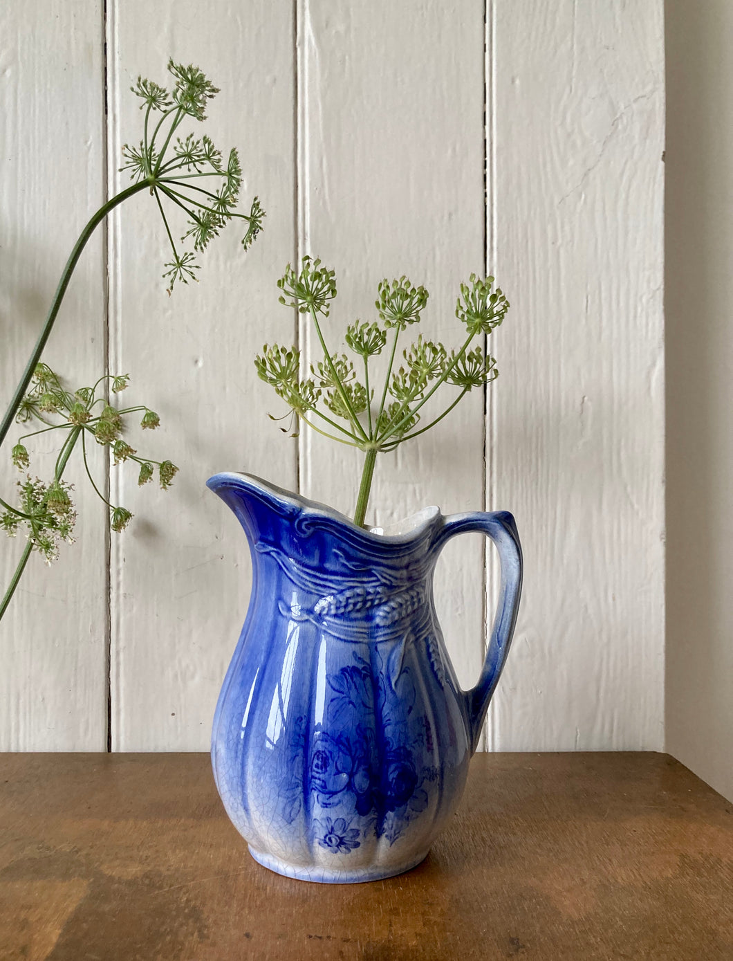 Blue glazed Arthur Wood antique jug with wheat sheaf and roses