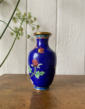 Load image into Gallery viewer, Decorative cloisonné vase in blue with peonies and butterfly
