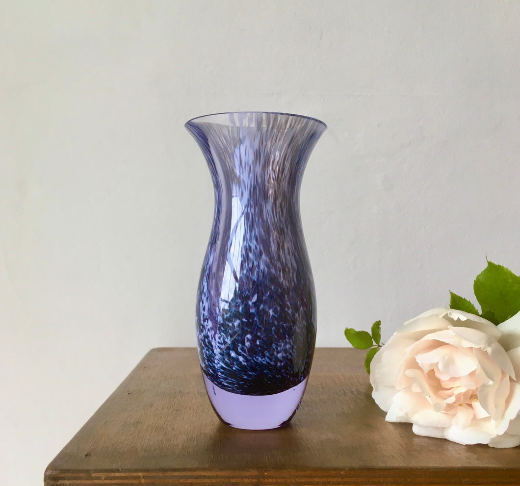 Blue speckled glass bud vase