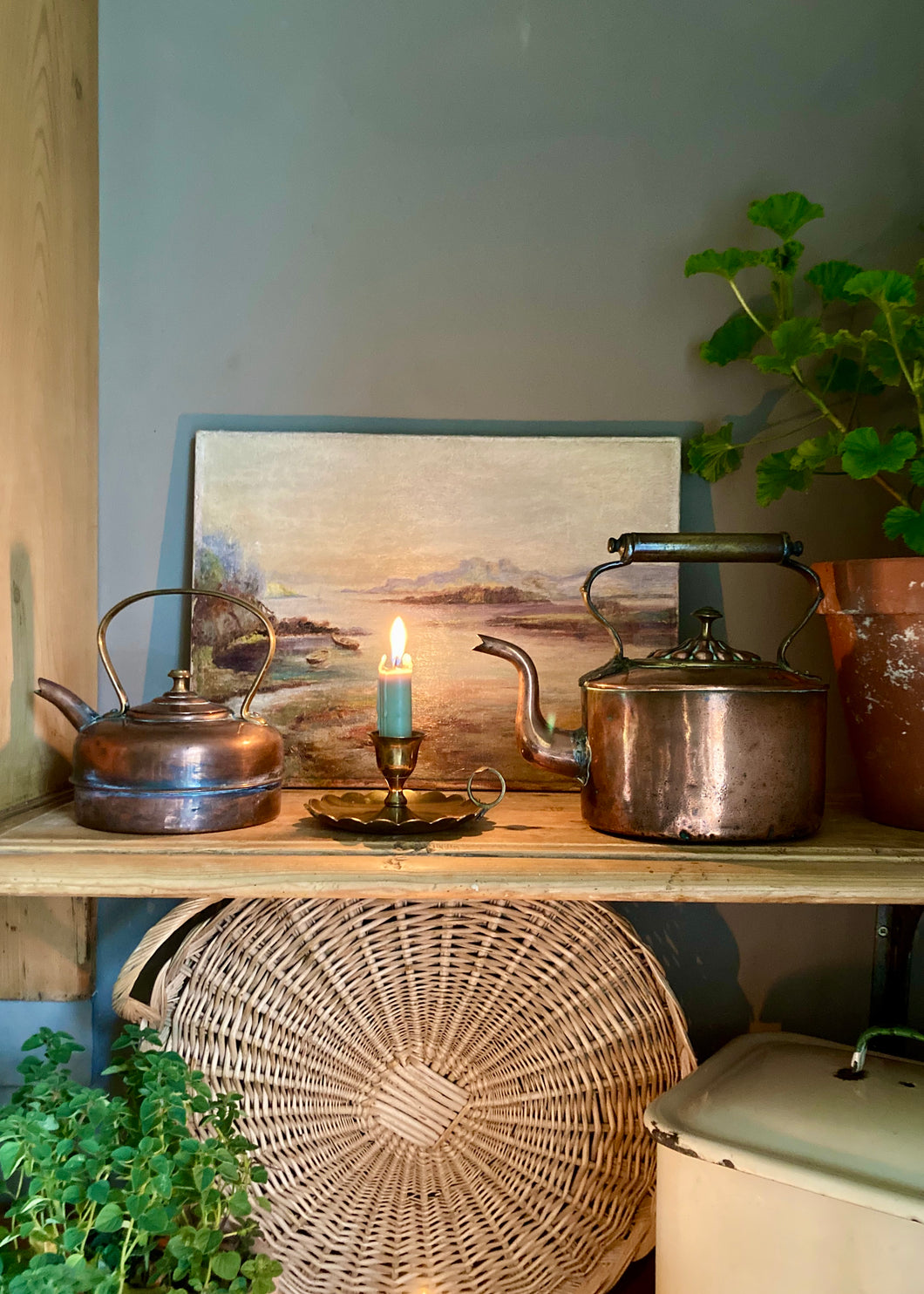 Medium sized, oval form, copper kettle with brass handle