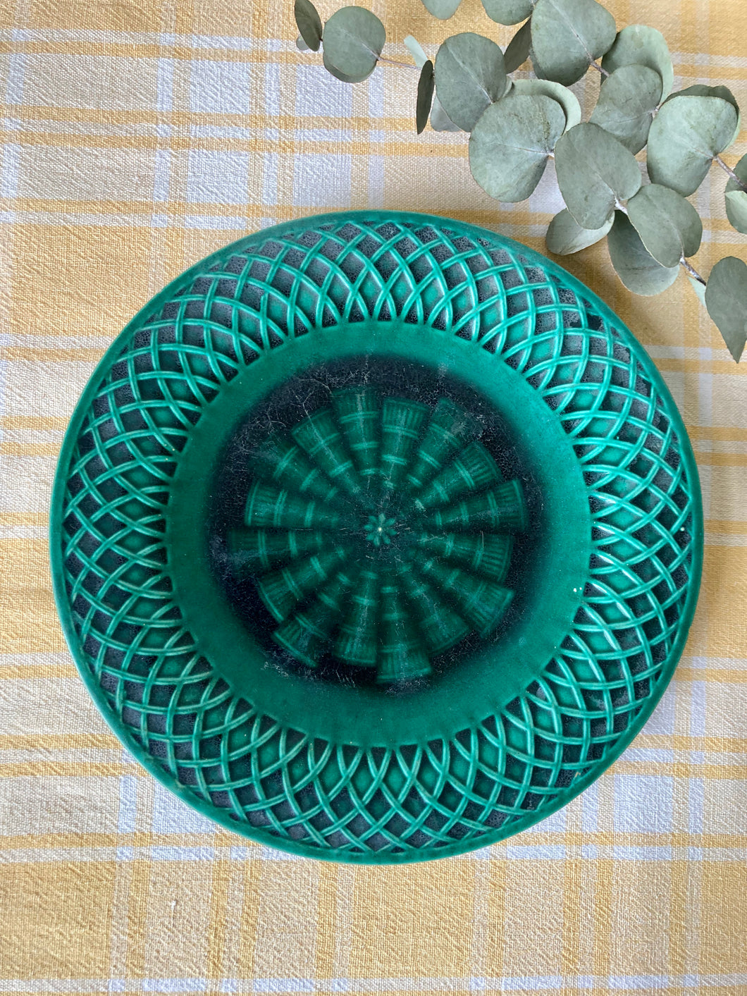 A pair of antique Minton green plates with geometric pattern