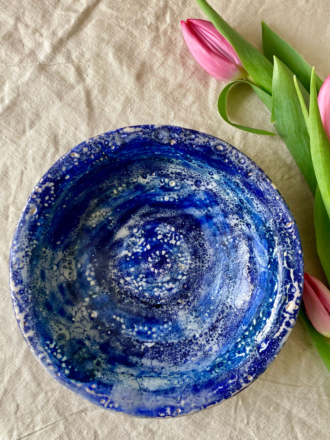 Bubble glaze blue and white studio pottery bowl