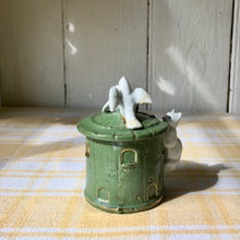 Load image into Gallery viewer, Green trinket pot in the form of a dovecote with doves and cat
