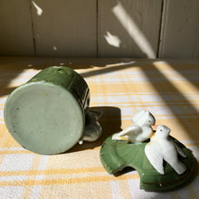 Load image into Gallery viewer, Green trinket pot in the form of a dovecote with doves and cat
