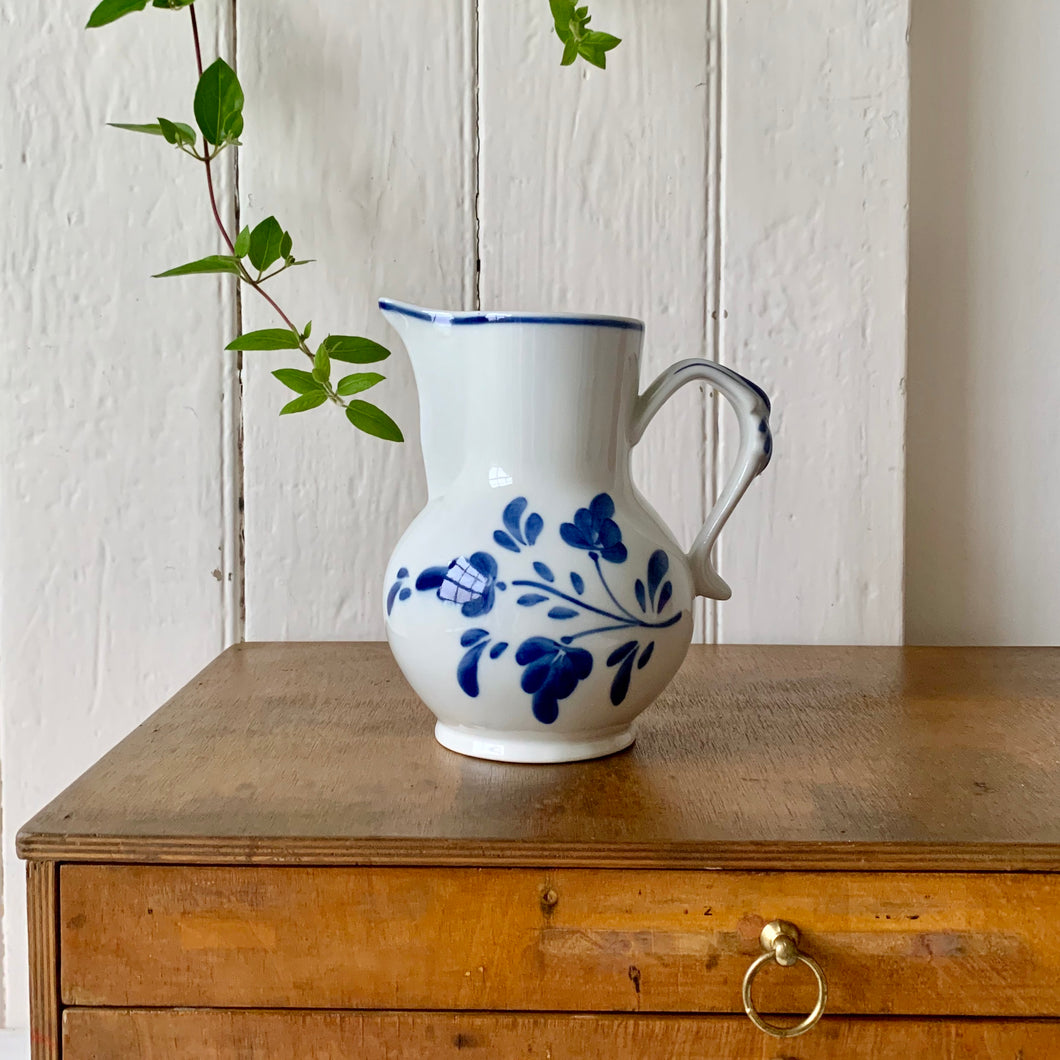 Portuguese white china jug with blue decoration and trim detail