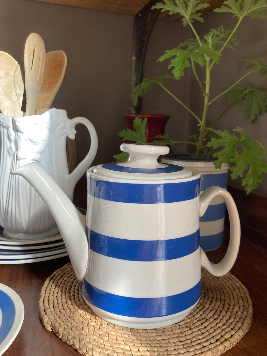Chef Cordon Bleu Ironstone blue and white stripe tea or coffee pot