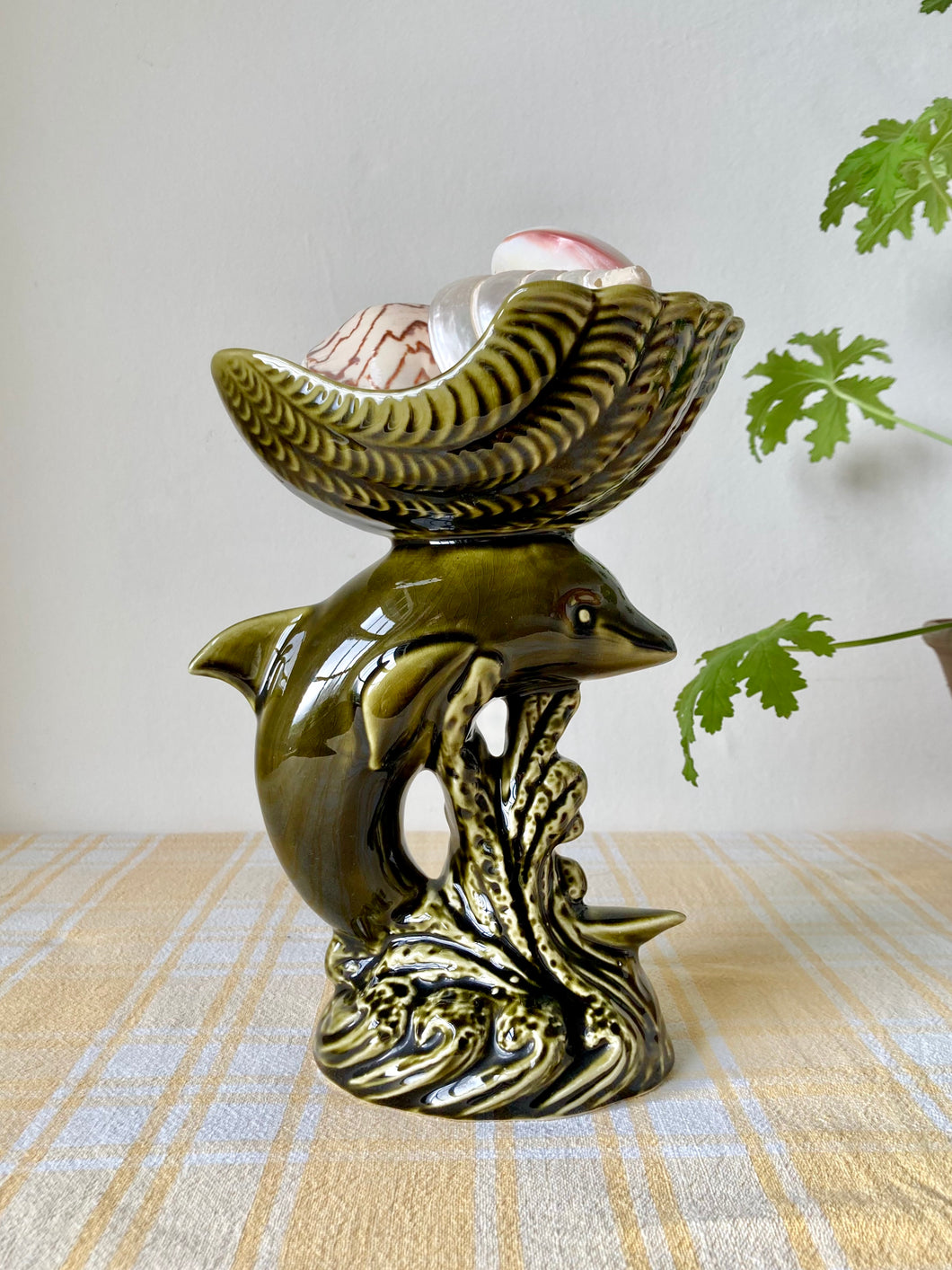 Dolphin and shell decorative pedestal dish in olive green
