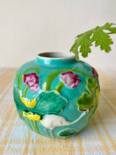 Load image into Gallery viewer, Turquoise ginger jar with stork and flowers in relief

