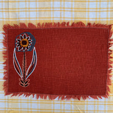 Load image into Gallery viewer, Hand embroidered, folk art style linen placemat with fringed edge.

