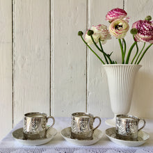 Load image into Gallery viewer, Antique Wedgwood Etruria set of three platinum demi tasse cups and saucers
