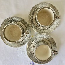 Load image into Gallery viewer, Antique Wedgwood Etruria set of three platinum demi tasse cups and saucers
