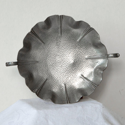 Fluted edge Halo England Pewter serving platter on four legs with two handles (small ding in base) - The Vintage Pieces