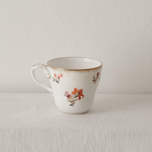 Sarraguemines coffee cup (no saucer) floral decoration and gilt detailing on rim and handle - French - The Vintage Pieces